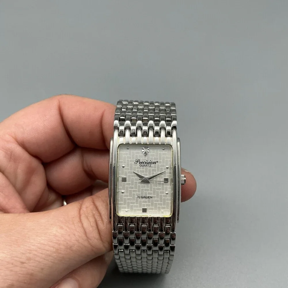 Gruen Precision Mens Watch 22mm Silver Tone Rectangle Dial New Battery 8.25